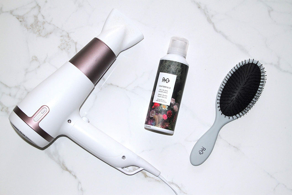 R+Co CENTERPIECE damp hair scene suggests detangling and frizz control