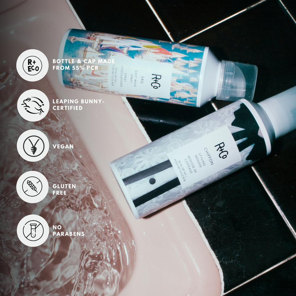 R+Co Chiffon Styling Mousse spread through hair for balanced moisture during styling