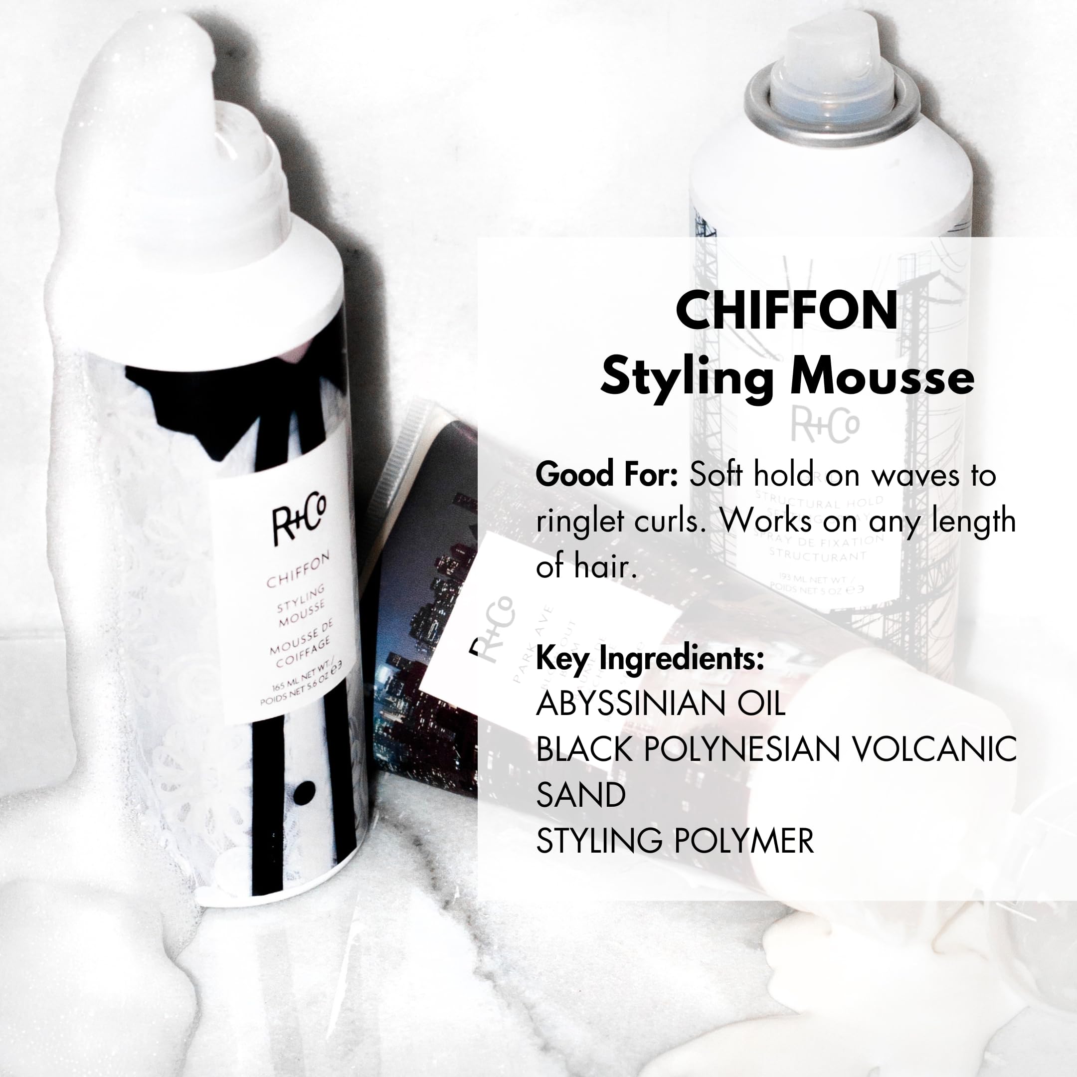 R+Co Chiffon Styling Mousse bottle-back highlighting travel-friendly packaging and light hold