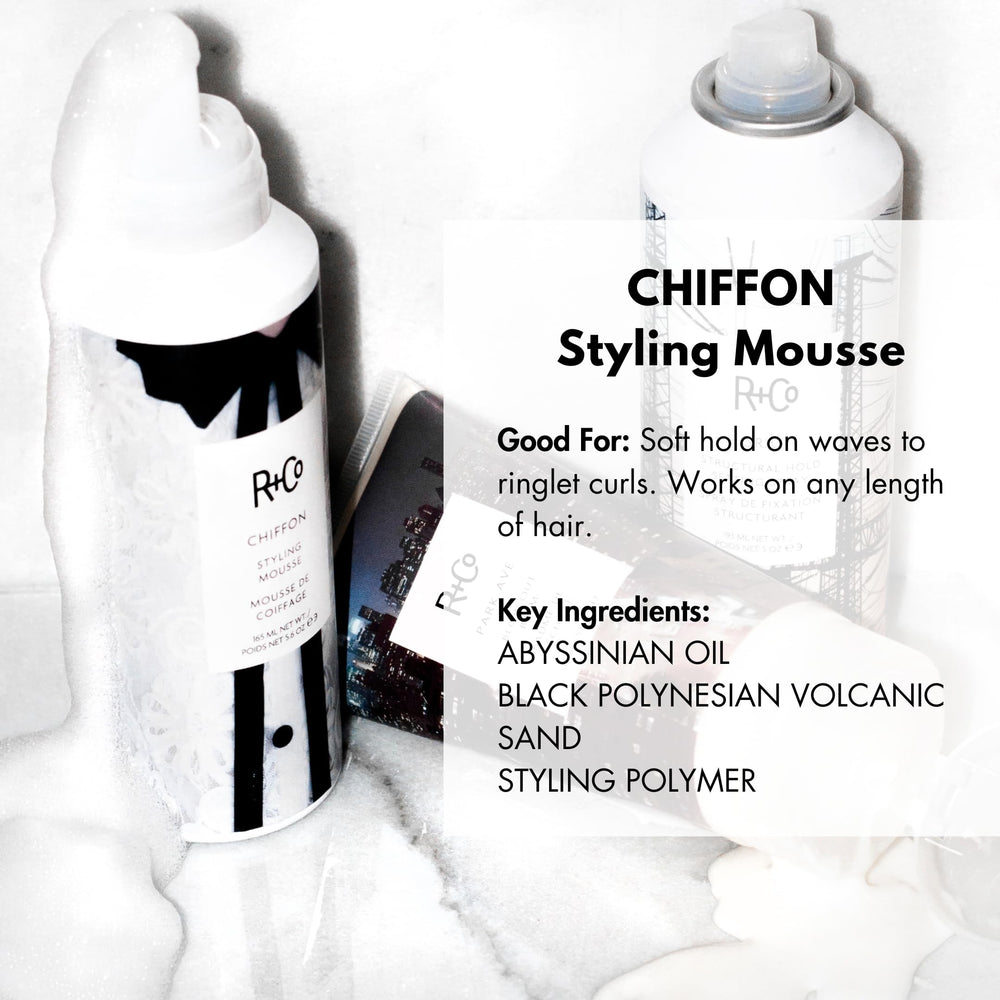 R+Co Chiffon Styling Mousse bottle-back highlighting travel-friendly packaging and light hold