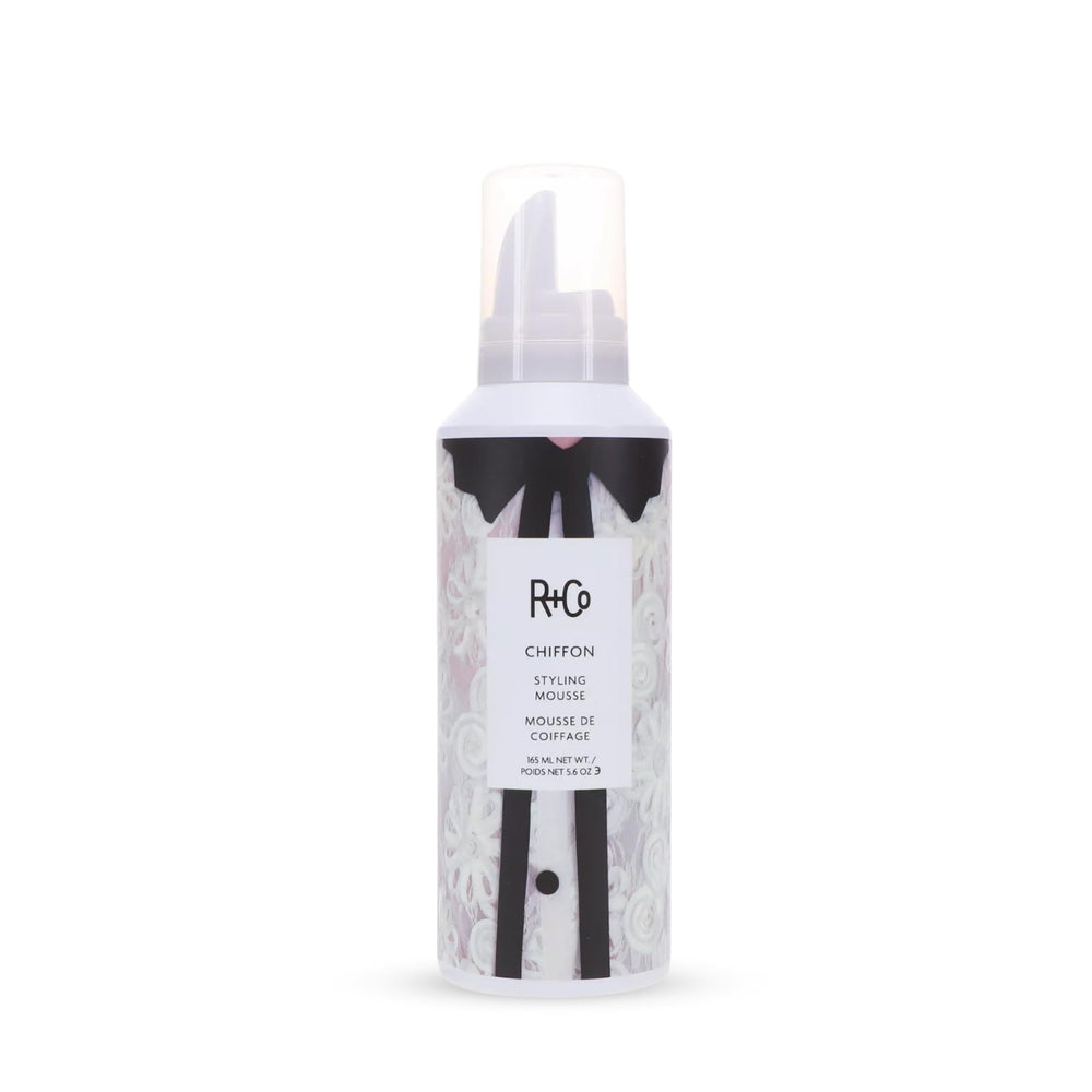 R+Co Chiffon Styling Mousse bottle-front shows lightweight volume boost for fine hair
