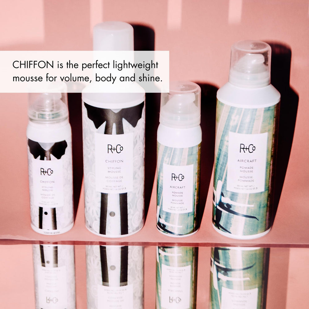 R+Co Chiffon Styling Mousse on styled hair demonstrates added volume and shine