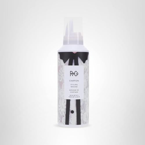 R+Co Chiffon Styling Mousse imagery hints at heat and color protection via volcanic sand