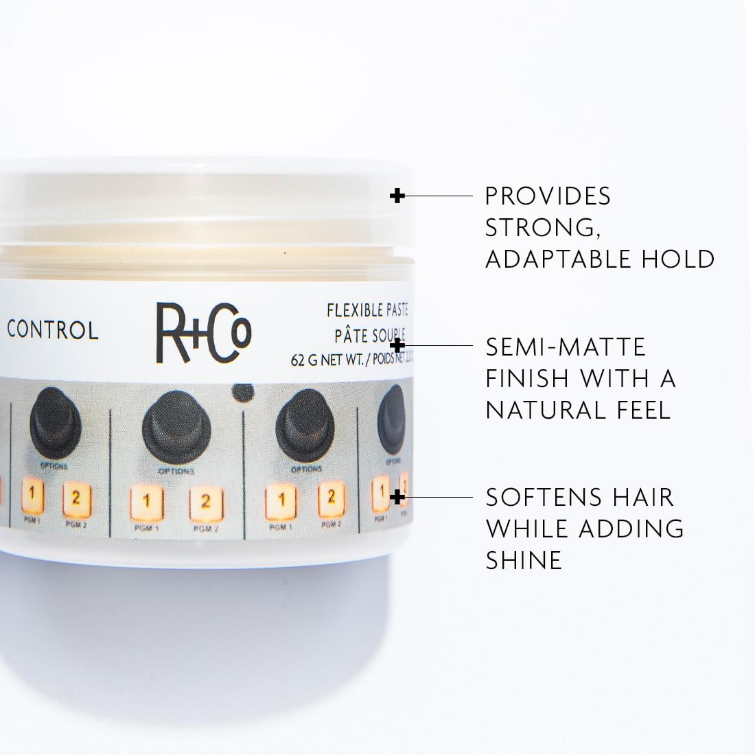 R+Co Control Flexible Paste being dispensed for easy application and texture.