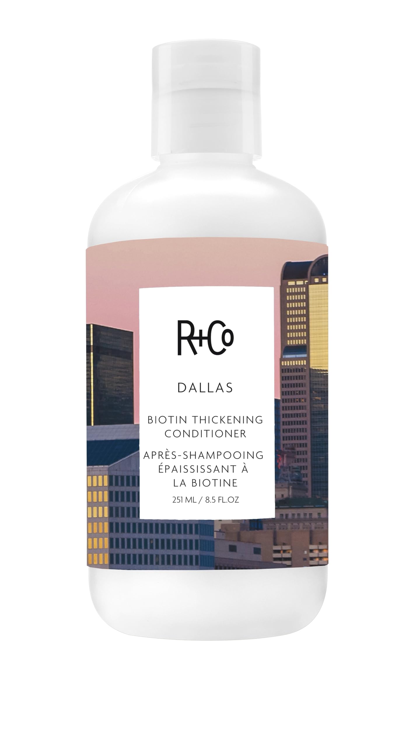 R+Co Dallas Biotin Thickening Conditioner bottle showing weightless hydration and volume