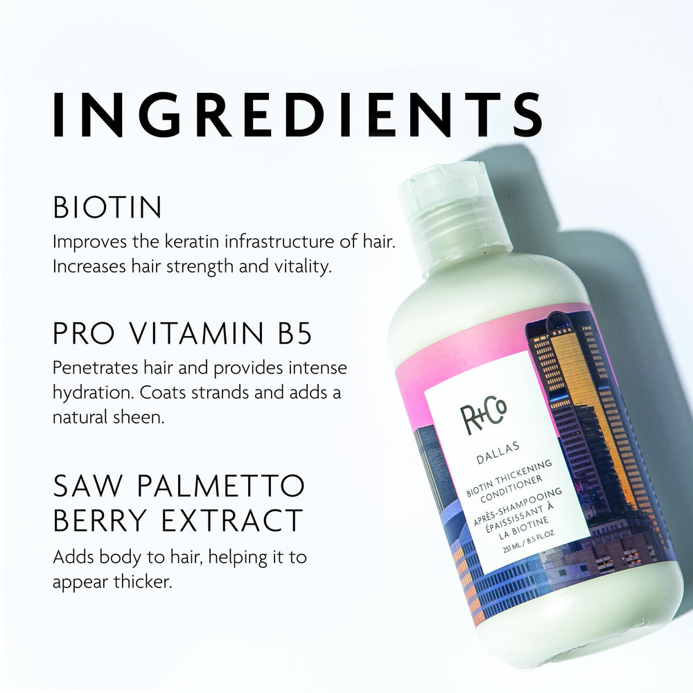 R+Co Dallas Biotin Thickening Conditioner label detail highlighting vegan and cruelty-free status