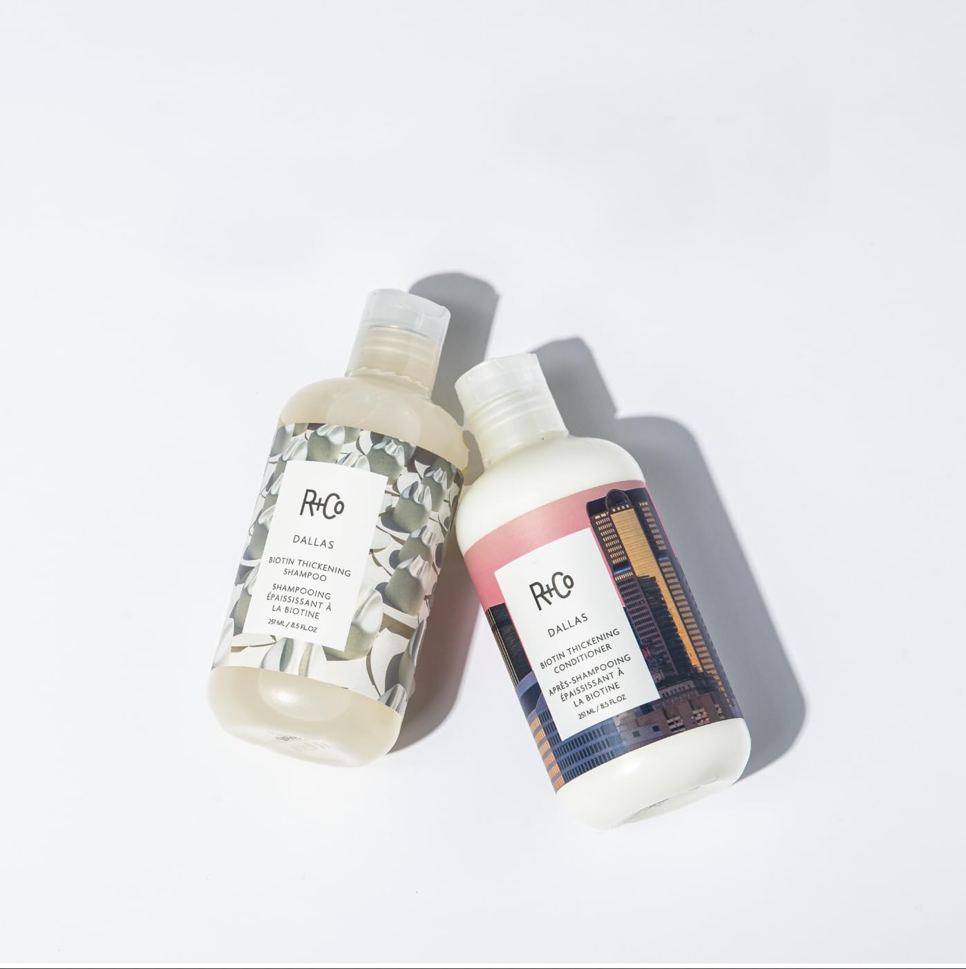 R+Co Dallas Biotin Thickening Conditioner shine close-up displaying glossy finish
