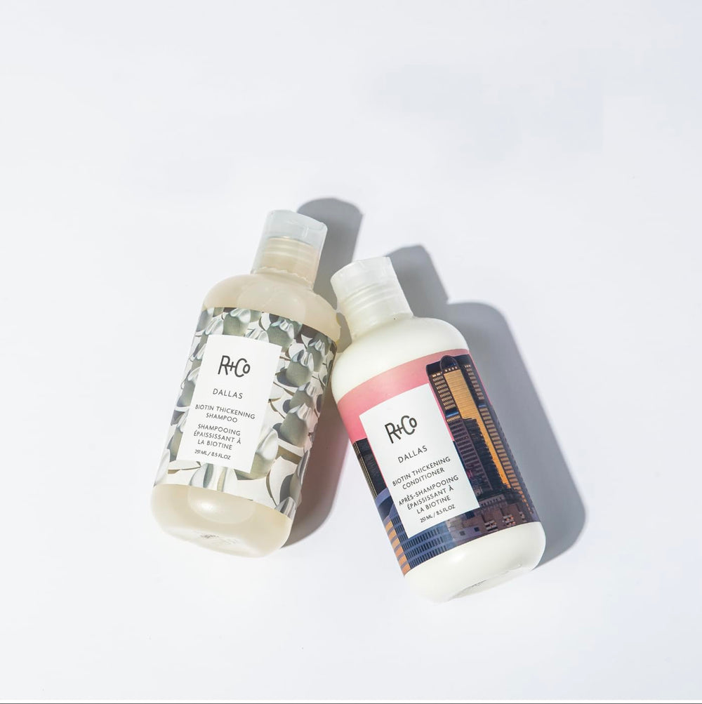 R+Co Dallas Biotin Thickening Conditioner shine close-up displaying glossy finish