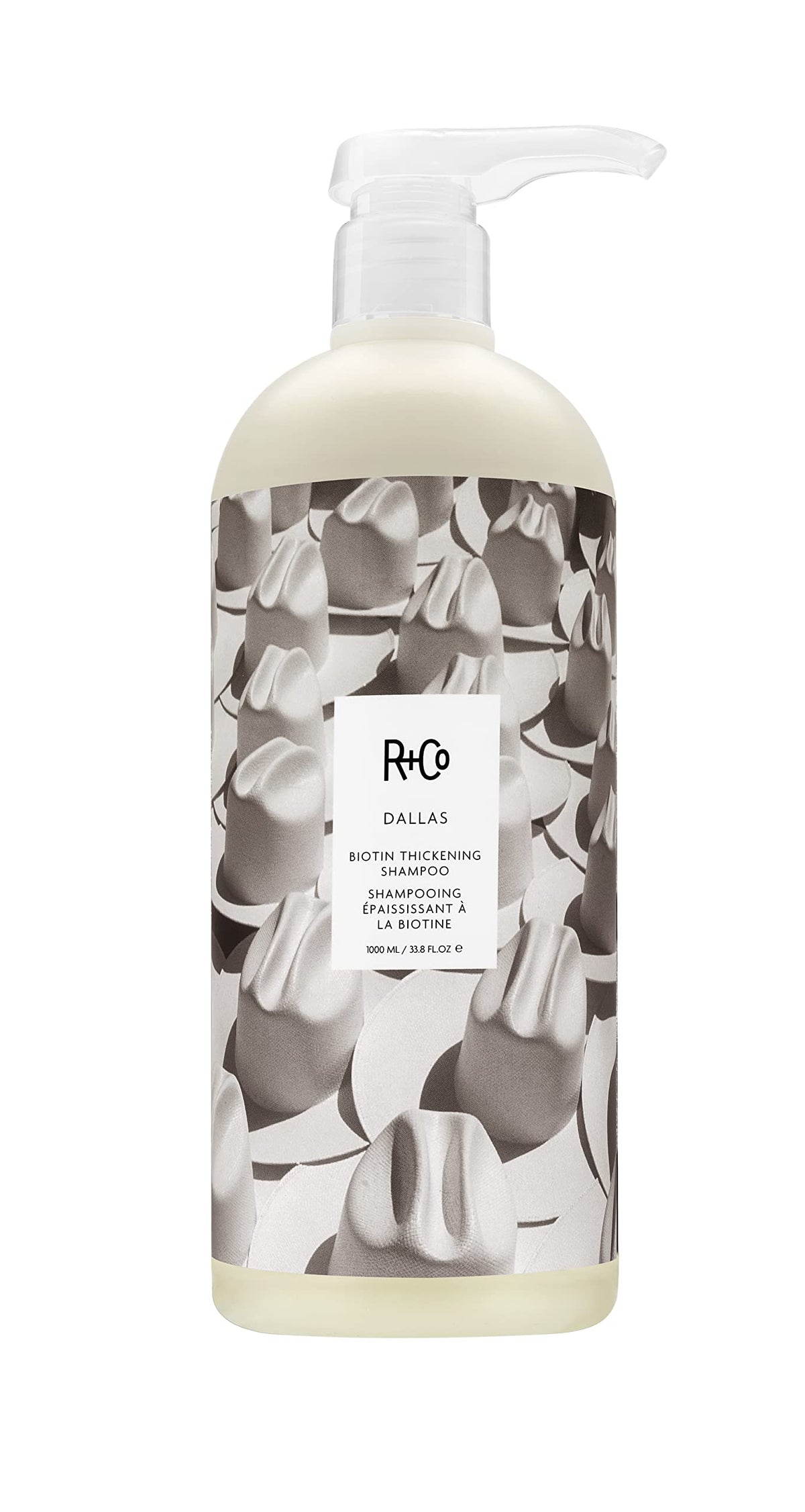 R+Co Dallas thickening shampoo bottle showcases premium vegan formula for fuller hair.