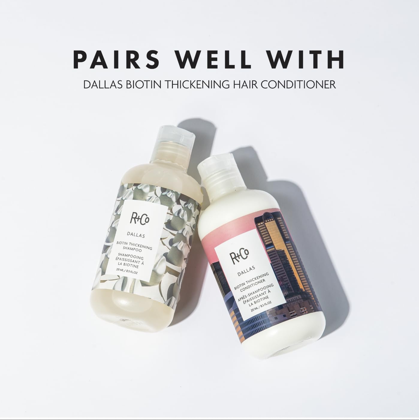 R+Co Dallas Thickening Shampoo wet hair application demonstrates biotin-inspired vitality for roots.