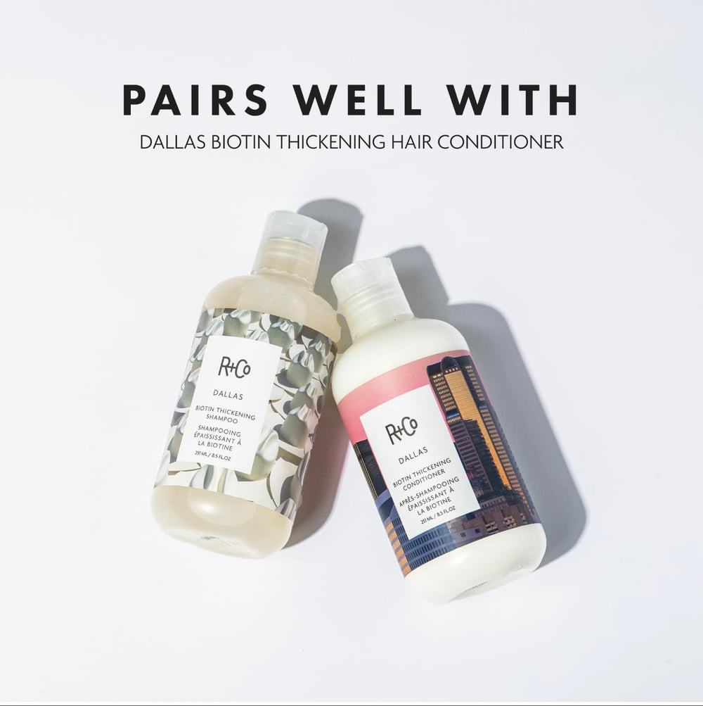 R+Co Dallas Thickening Shampoo wet hair application demonstrates biotin-inspired vitality for roots.