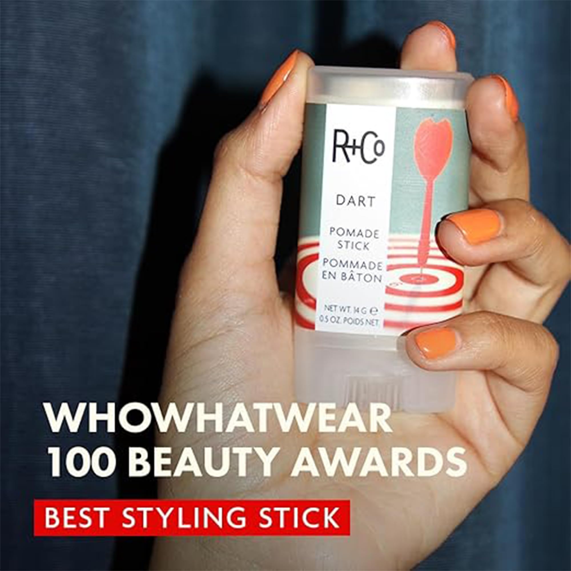 R+Co Dart Pomade Stick glide-on application for smooth, non-waxy finish.