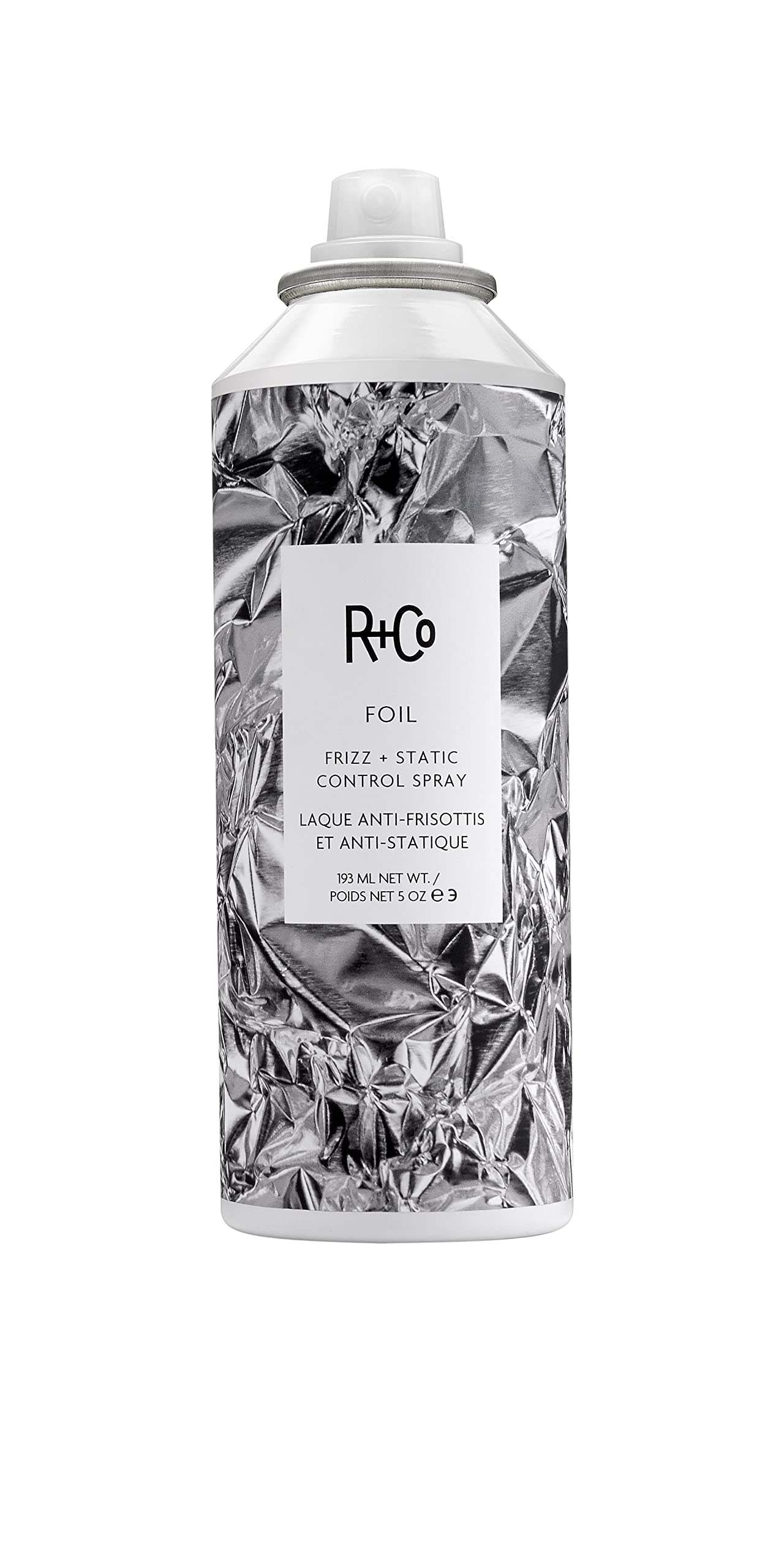 R+Co Foil Frizz Spray bottle delivers smoothness and static control for frizz-free days