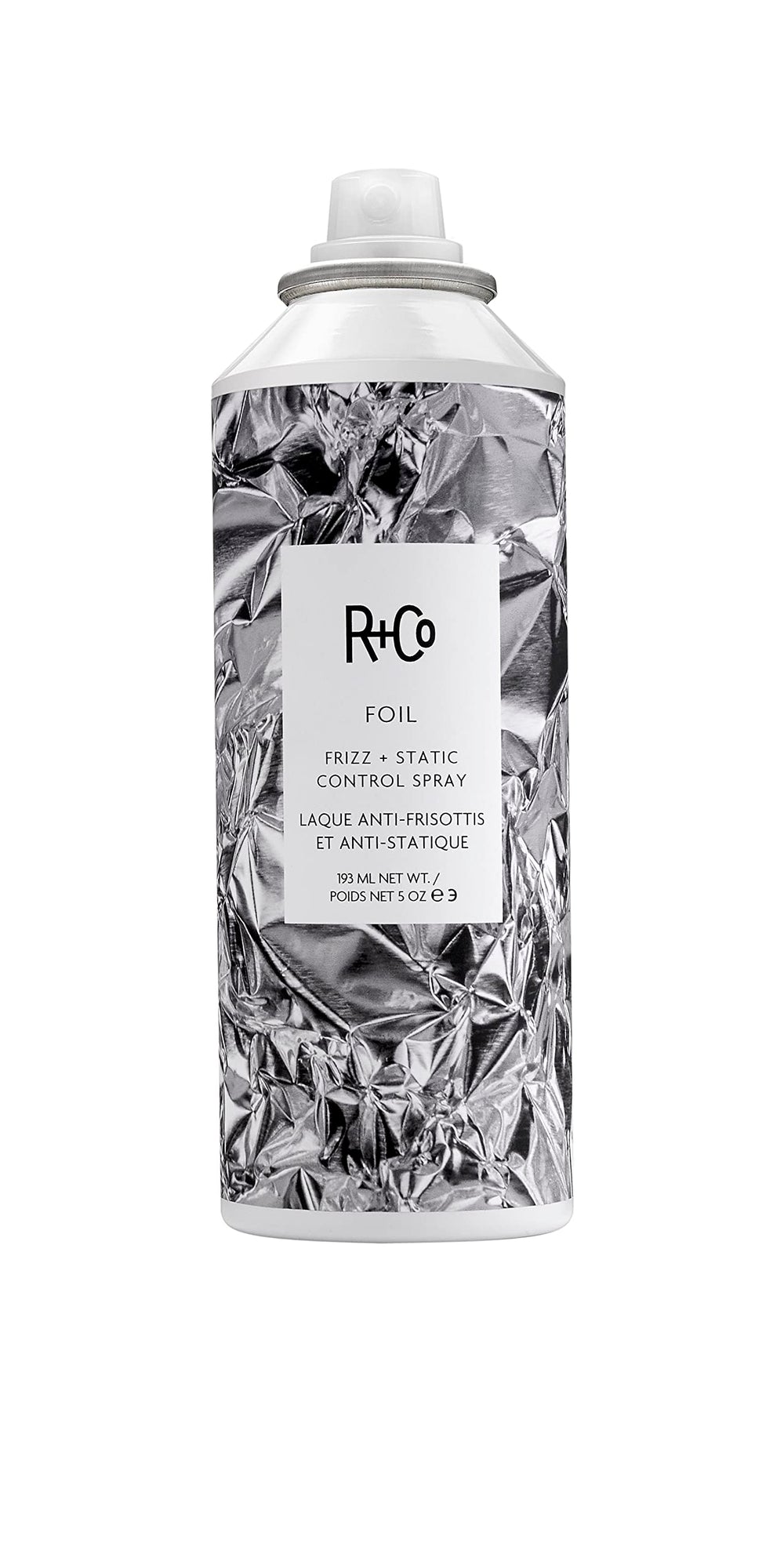R+Co Foil Frizz Spray bottle delivers smoothness and static control for frizz-free days