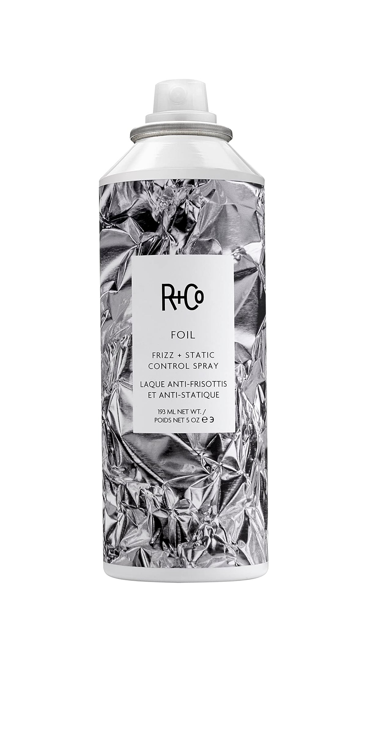 R+Co Foil Frizz Spray bottle delivers smoothness and static control for frizz-free days