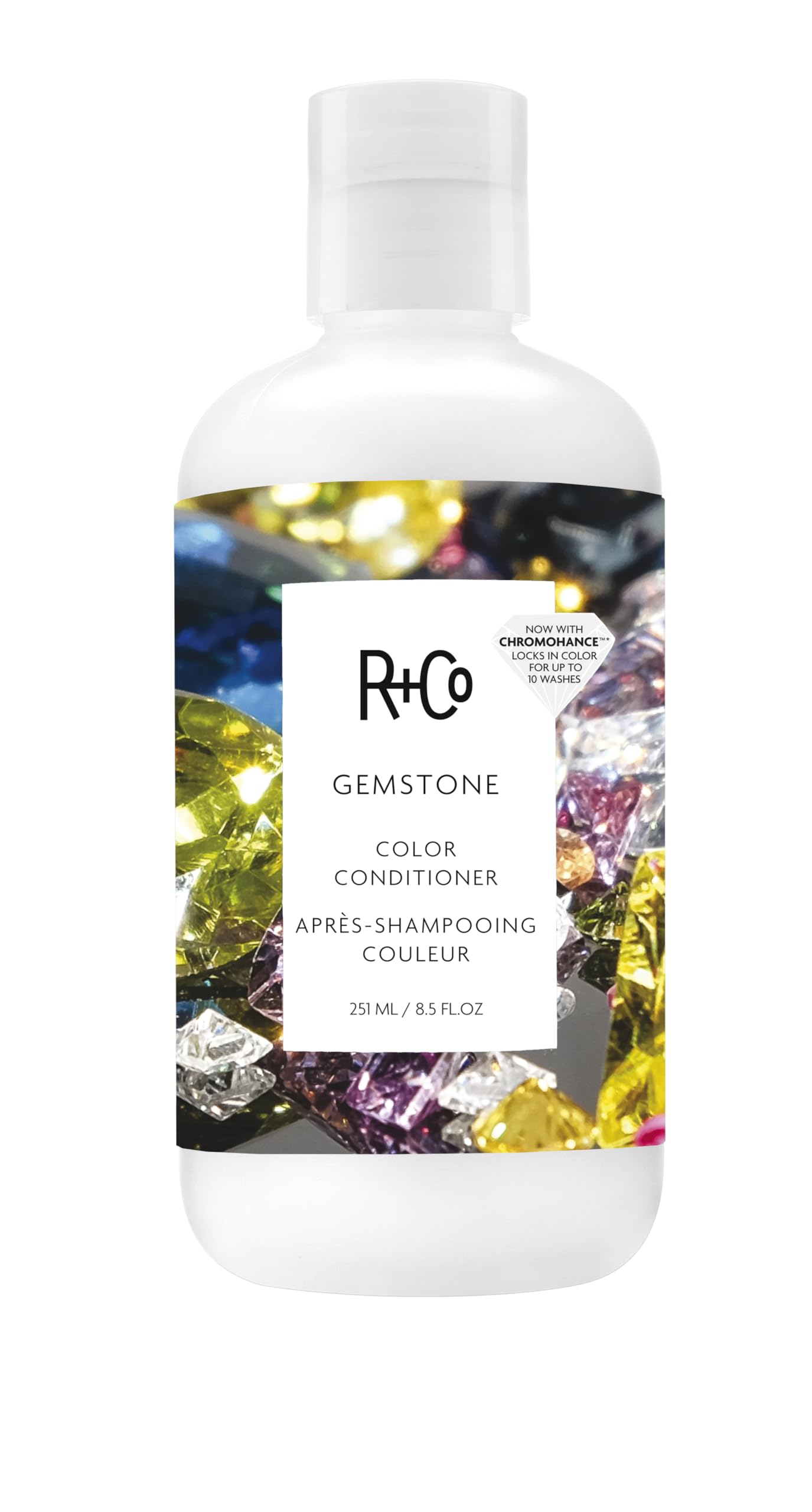 R+Co Gemstone Color Conditioner bottle front highlights color protection and vibrant shine.