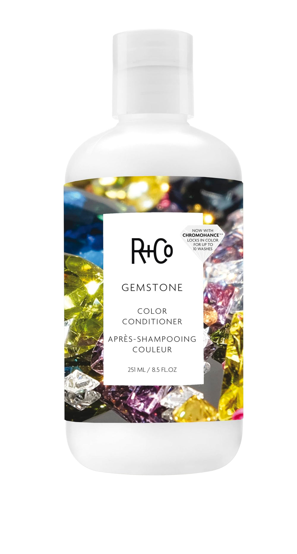 R+Co Gemstone Color Conditioner bottle front highlights color protection and vibrant shine.