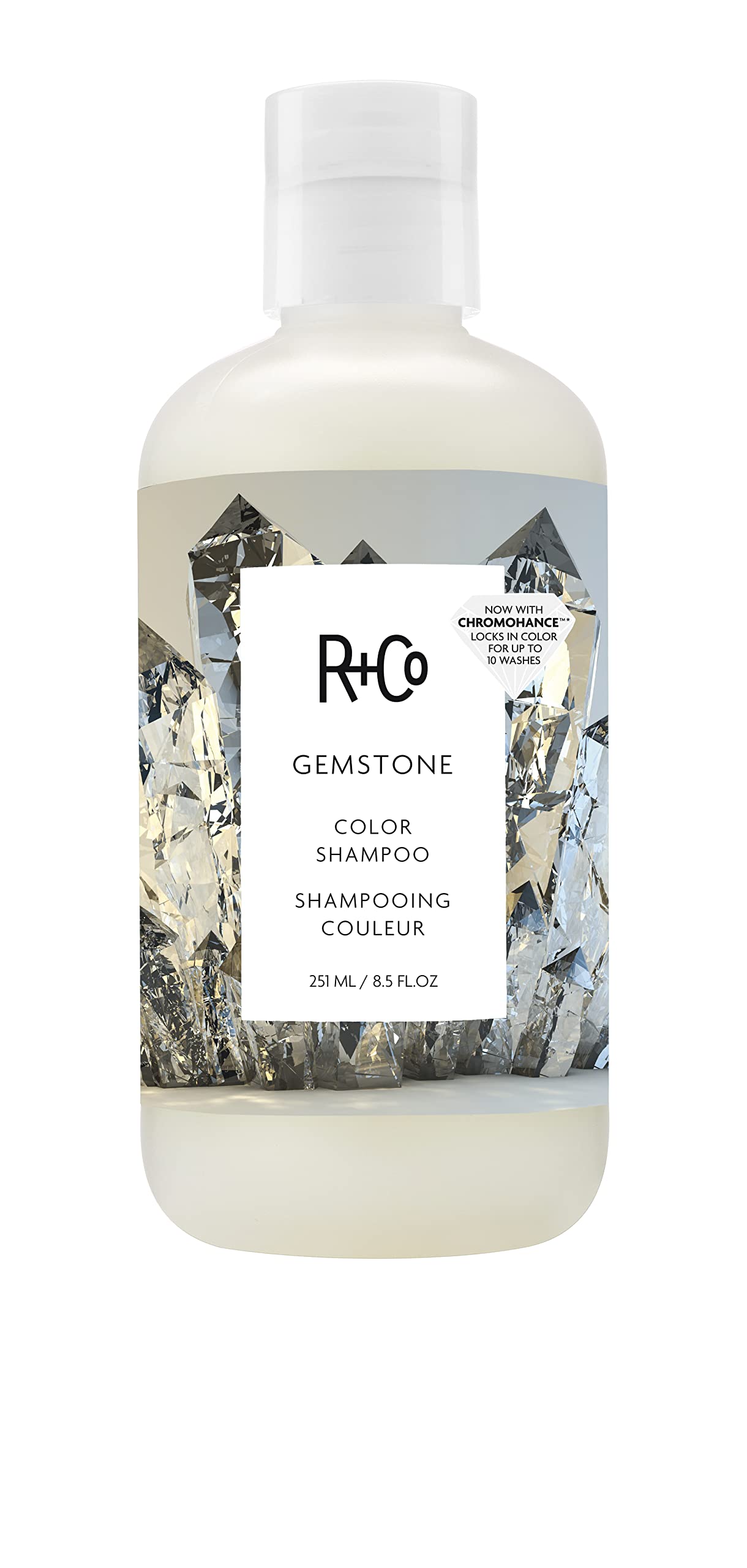 R+Co Gemstone Color Shampoo bottle showcasing vibrant packaging.