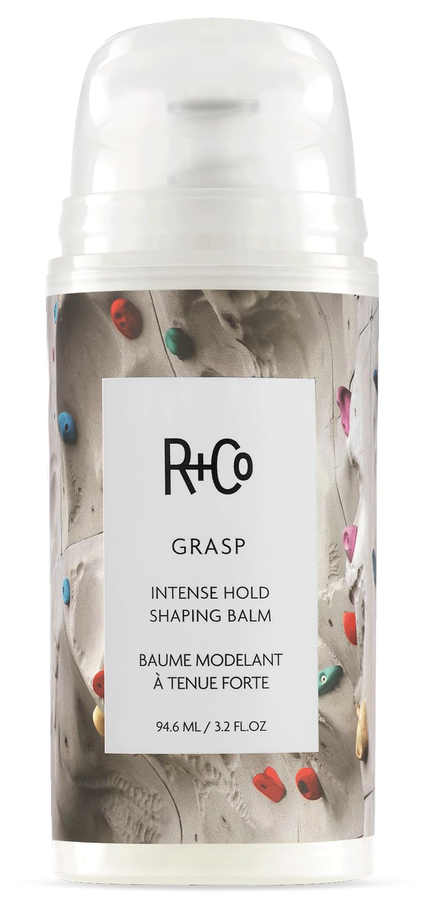 R+Co Grasp balm packaging highlights premium hold for sleek styling without crunch.