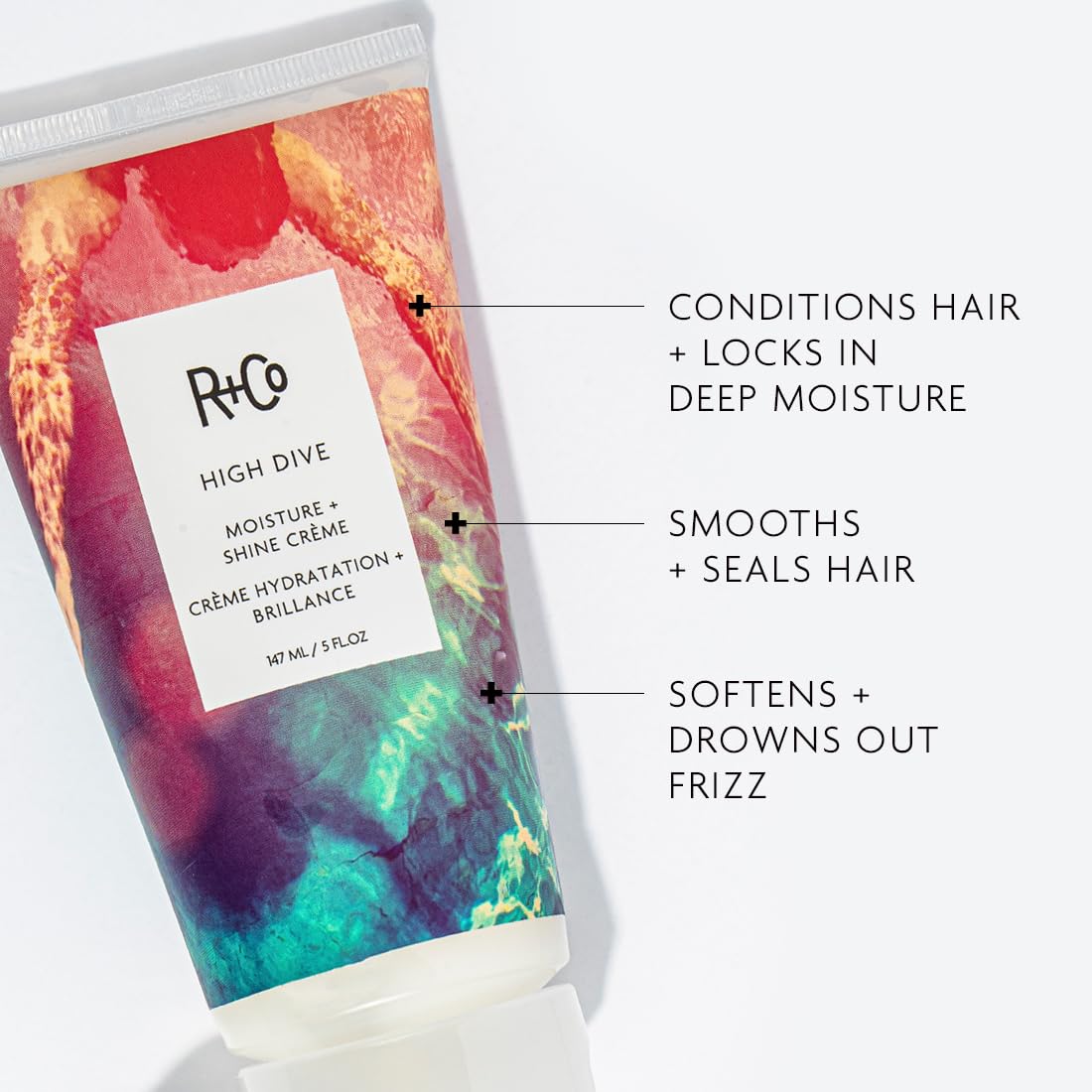 R+Co HIGH DIVE cream closeup highlighting smoothing for frizz control and shine