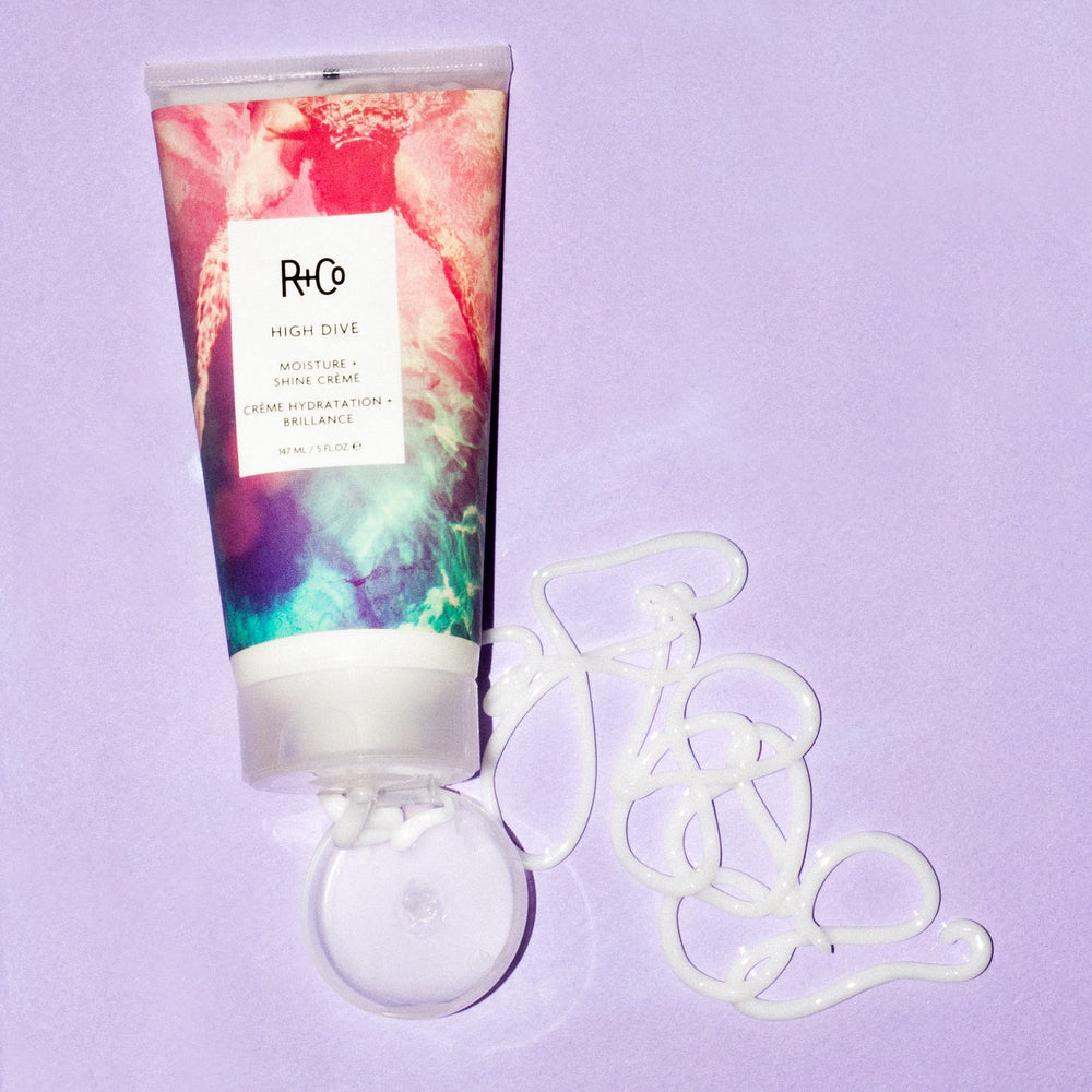 R+Co HIGH DIVE model with wet hair gleam and hydration cue