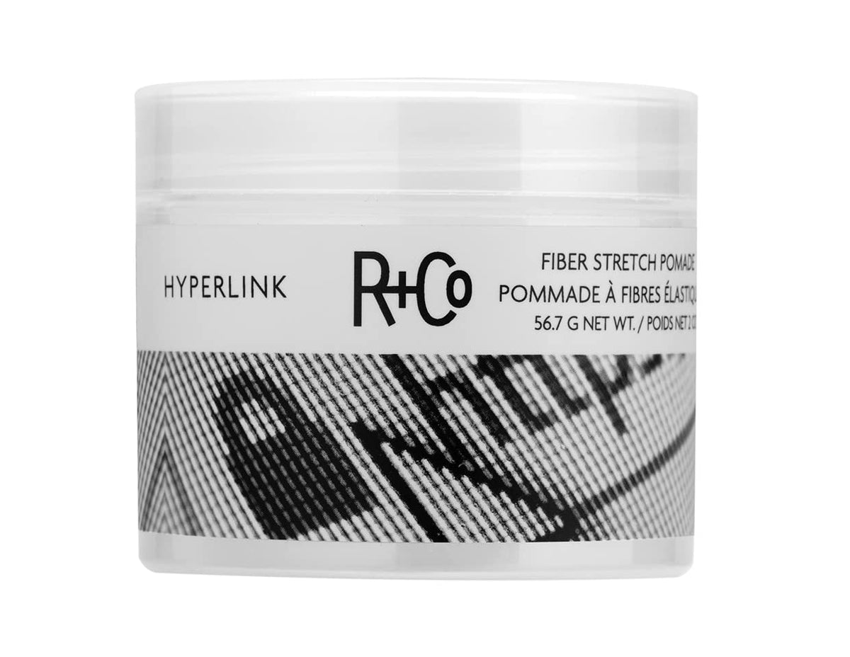 R+Co Hyperlink fiber stretch pomade tube closeup for lightweight hold and definition