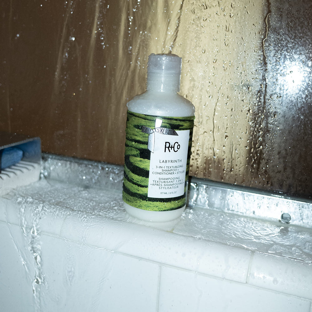 R+Co Labyrinth post-wash hair with lifted, pliable volume.