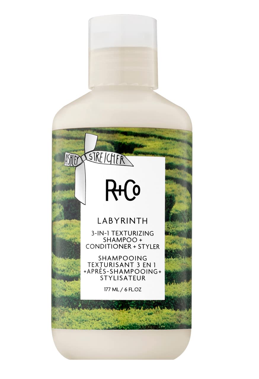 R+Co Labyrinth bottle front highlights easy-to-use texturizing solution for voluminous hair.