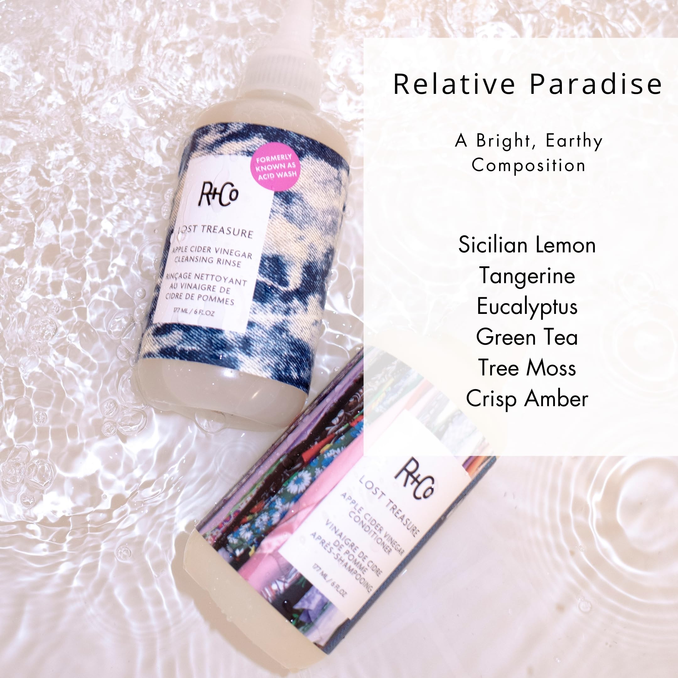 R+Co Lost Treasure hair cleansing image conveys purifying action that balances oils.