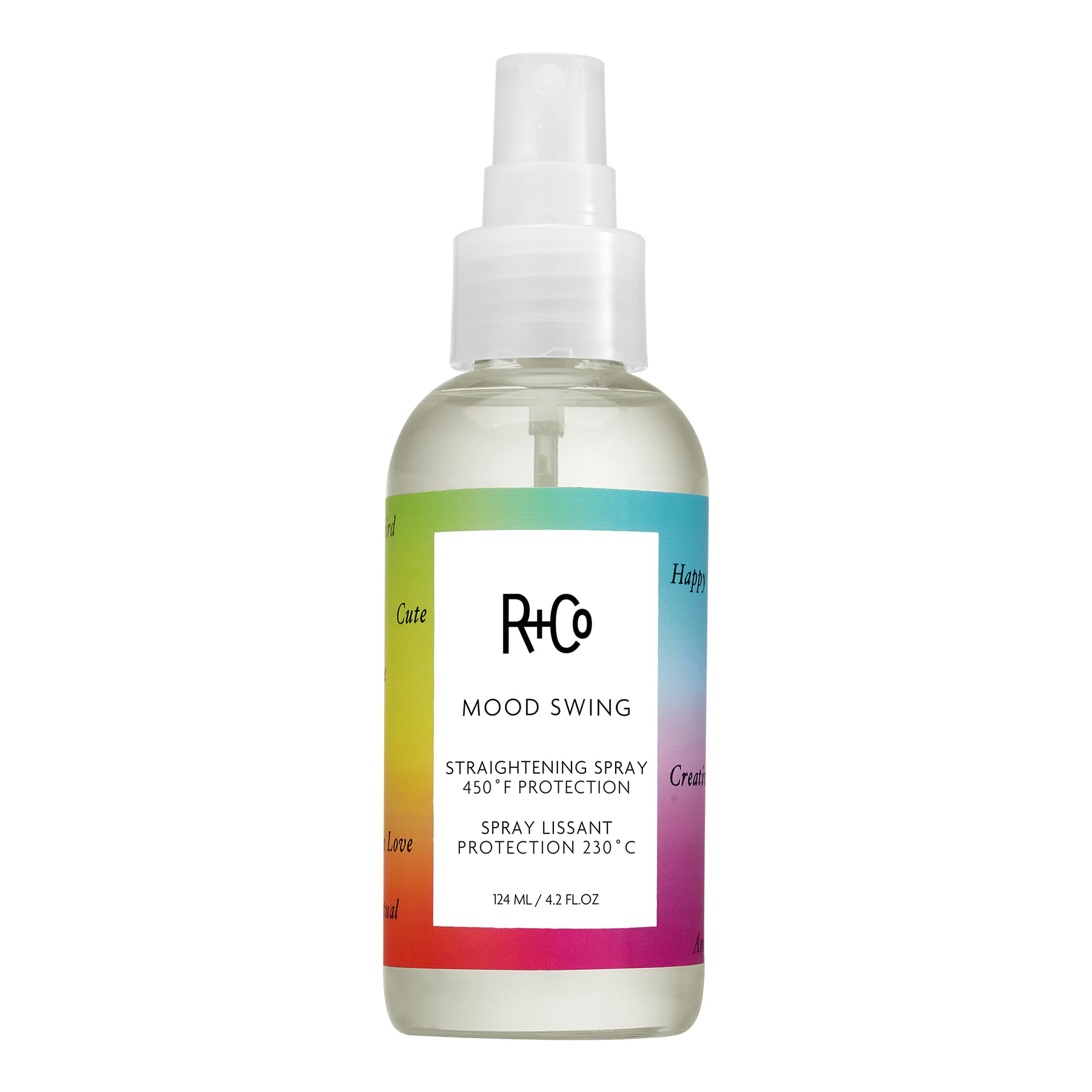 R+Co Mood Swing spray bottle demonstrates humidity defense for smooth blowouts.