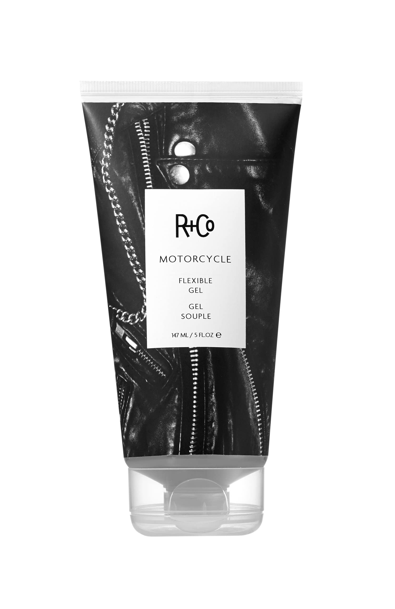 R+Co Motorcycle Flexible Gel packshot with sleek tube, offering gel-like hold and wax-like shine.