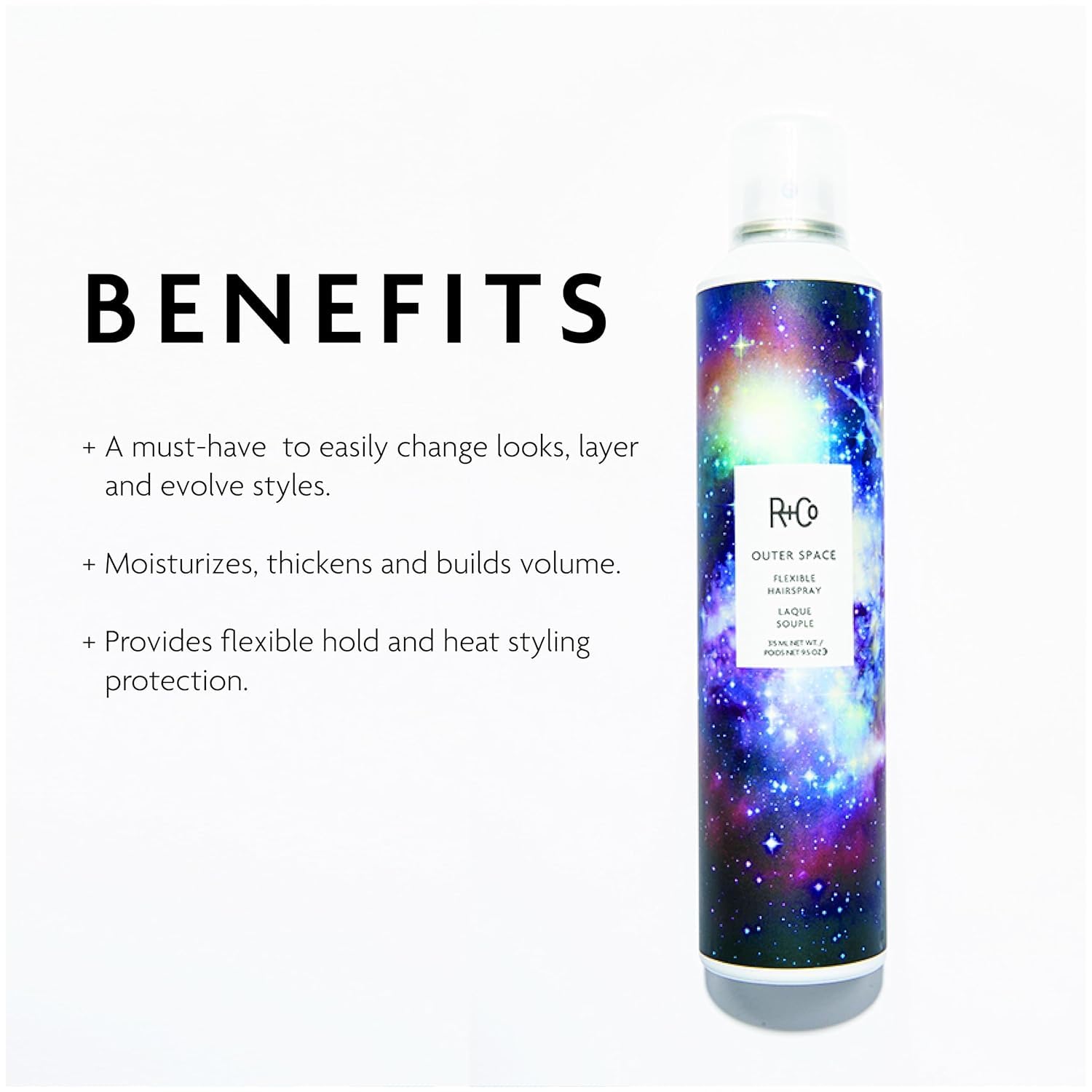 R+Co Outer Space spray applied to dry hair for lift and texture