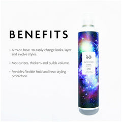 R+Co Outer Space spray applied to dry hair for lift and texture