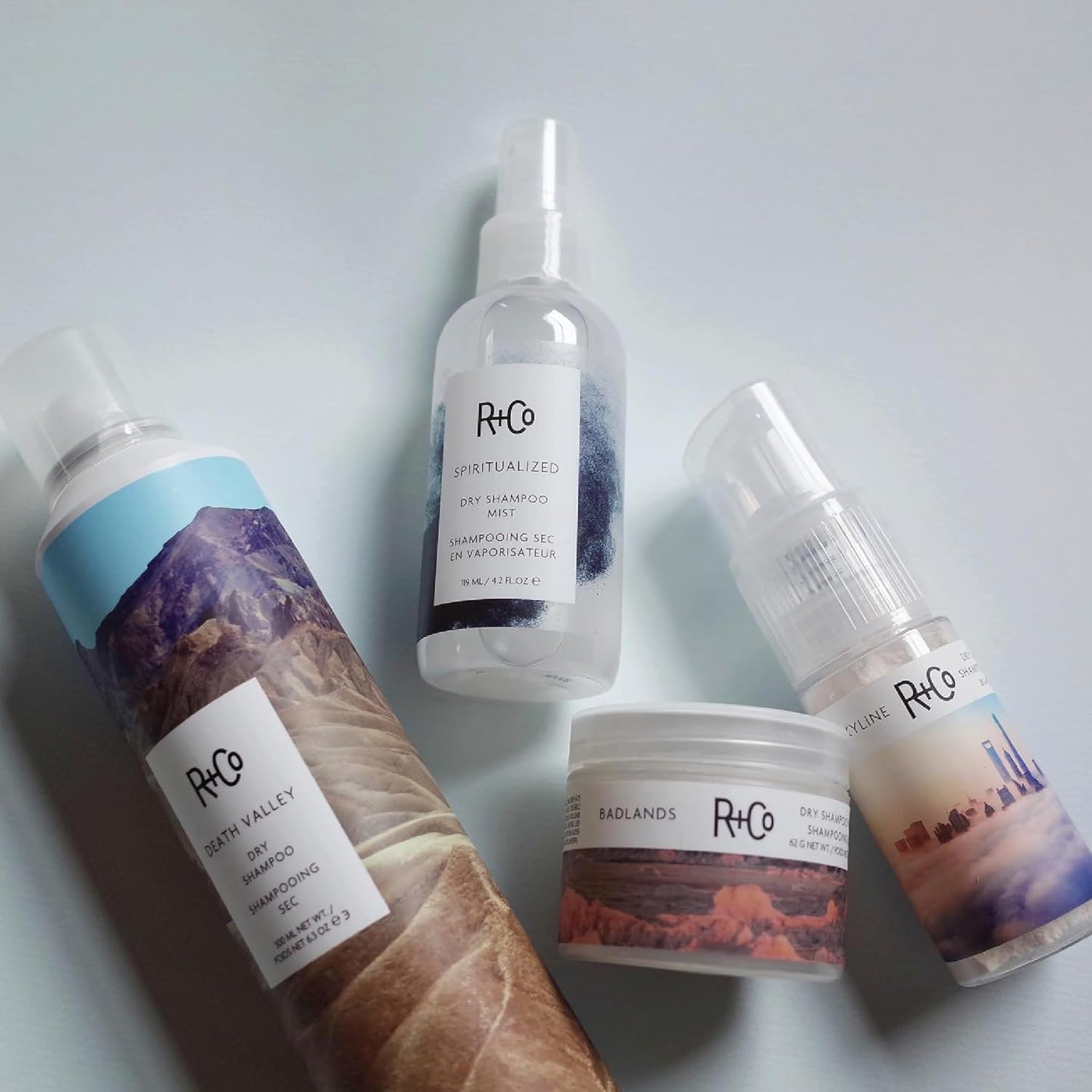 R+Co Skyline dry shampoo powder jojoba-seed-oil conditioning adds shine without heaviness