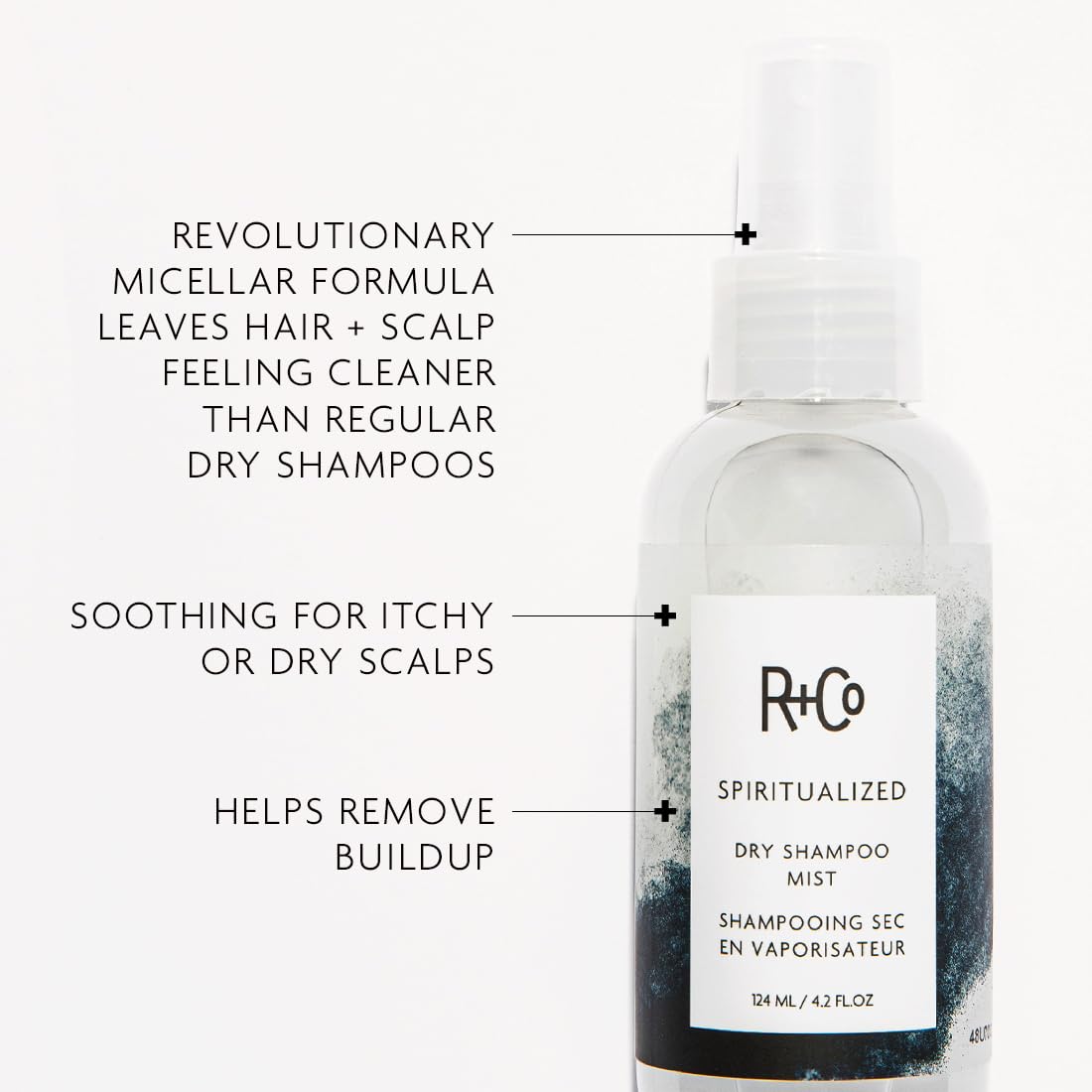 R+Co Spiritualized Dry Shampoo Mist pump demonstrates easy, mess-free root refresh.