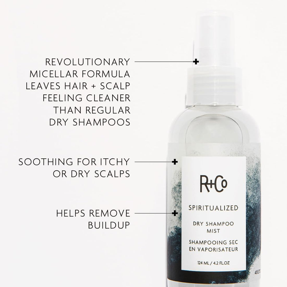 R+Co Spiritualized Dry Shampoo Mist pump demonstrates easy, mess-free root refresh.
