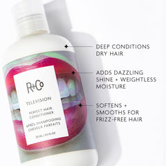 R+Co Television conditioner bottle side view highlights pump for easy application and shine.