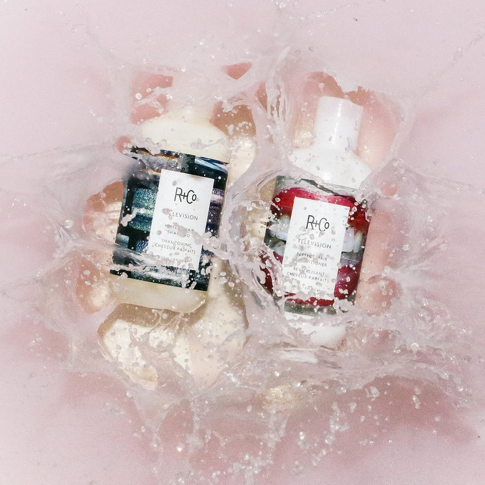 R+Co Television Perfect Hair Conditioner bottle showing detangling and volume-supporting formula.