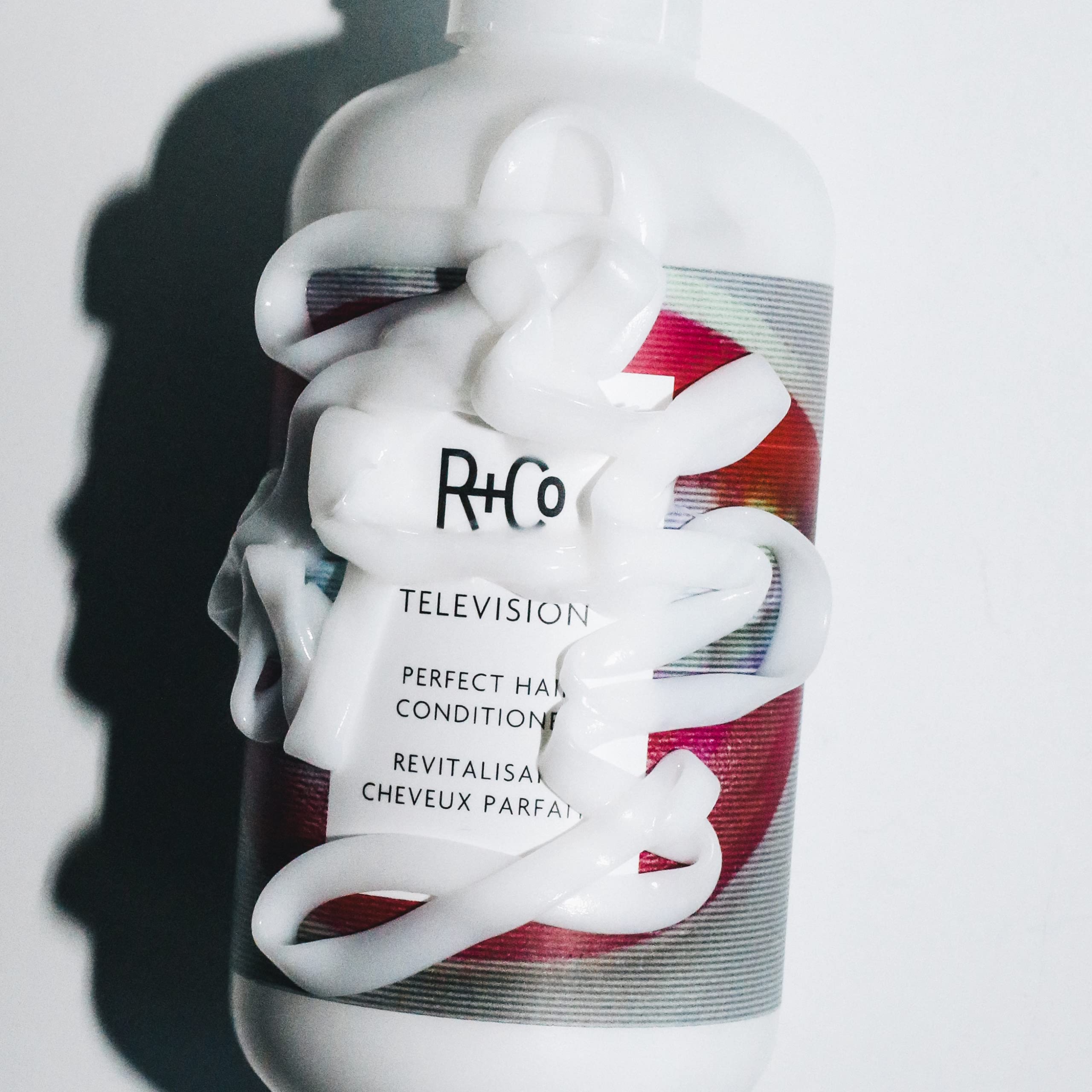 R+Co Television Perfect Hair Conditioner after-use shows smoother, more manageable strands.