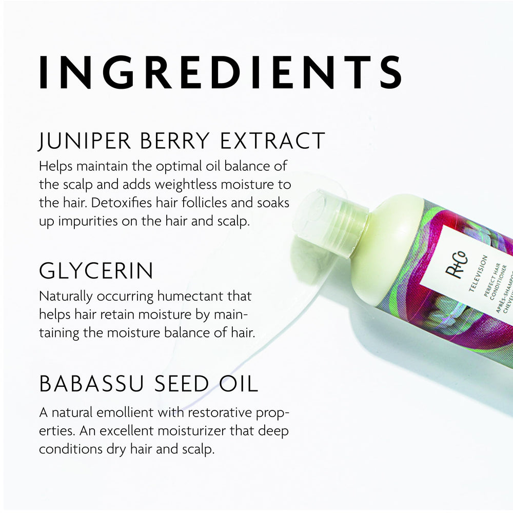 R+Co Television Perfect Hair Conditioner label close-up shows vegan, cruelty-free branding.