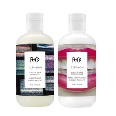 R+Co Television Perfect Hair Shampoo bottle highlighting smoothing and shine enhancement.