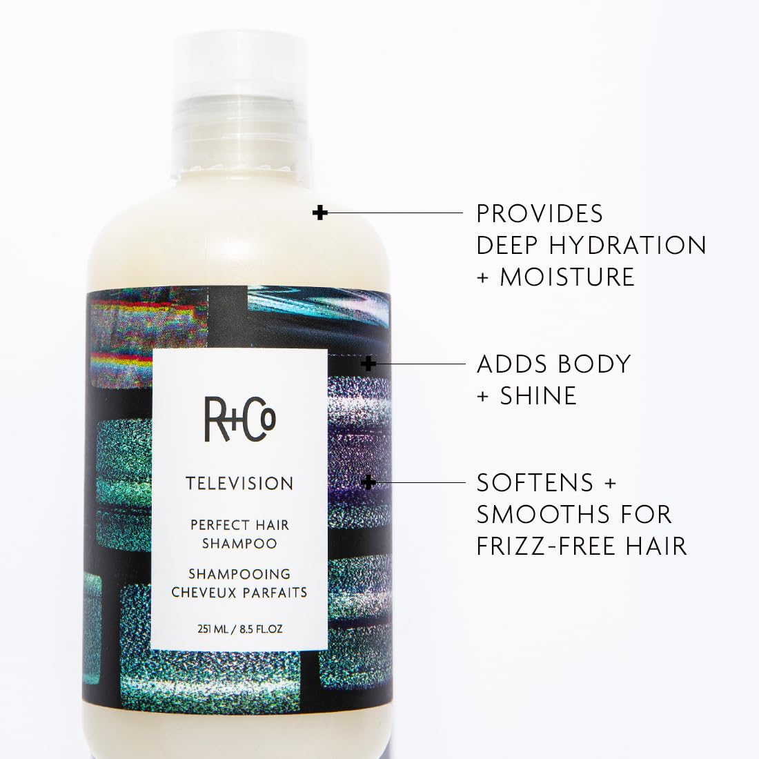 R+Co Television Perfect Hair Shampoo label highlights vegan, cruelty-free formula.
