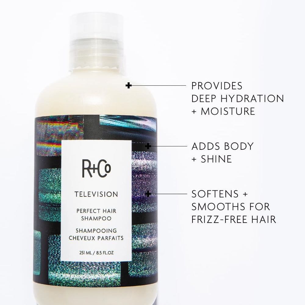R+Co Television Perfect Hair Shampoo label highlights vegan, cruelty-free formula.