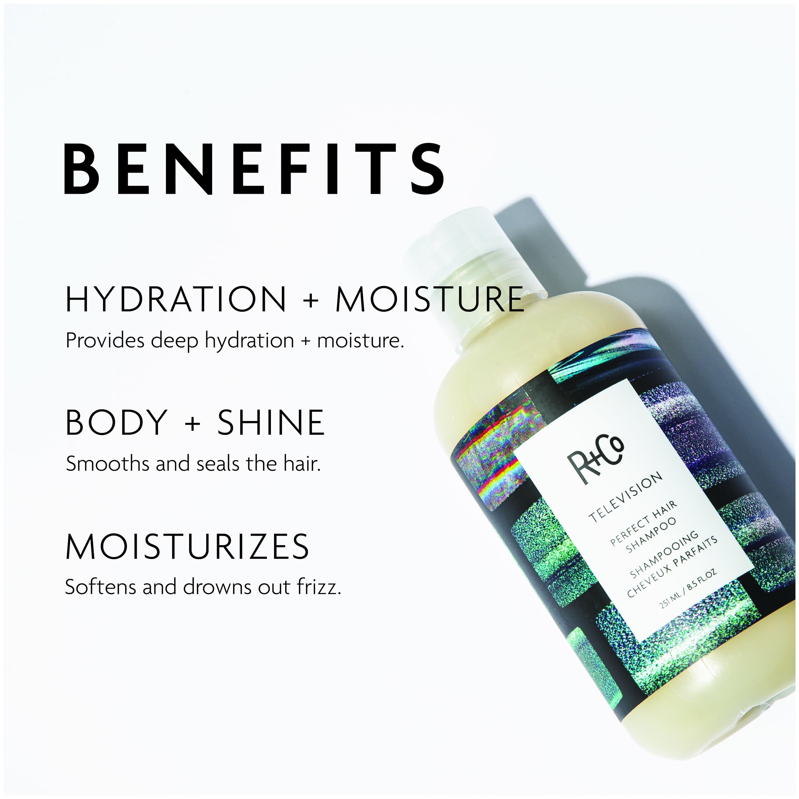 R+Co Television Perfect Hair Shampoo lather shows detoxifying cleanse and conditioning.
