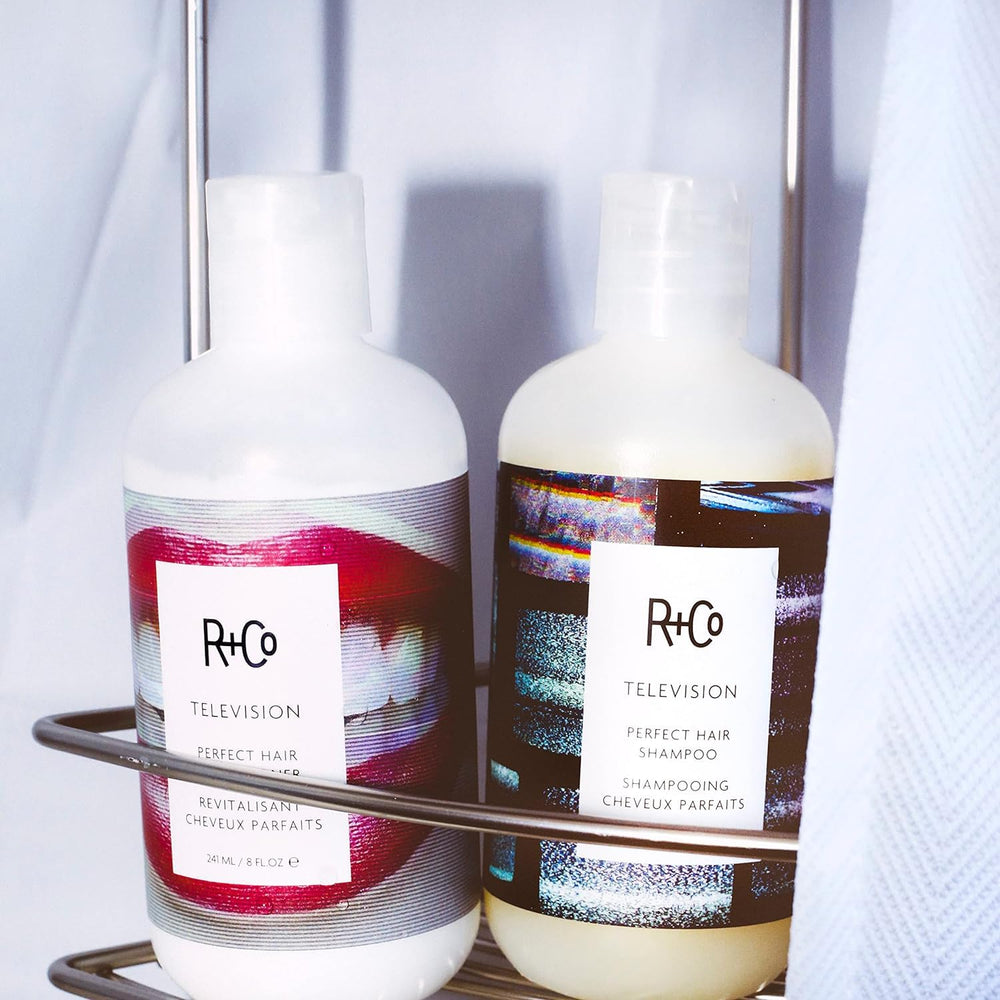 R+Co Television Perfect Hair texture closeup highlights glossy finish.