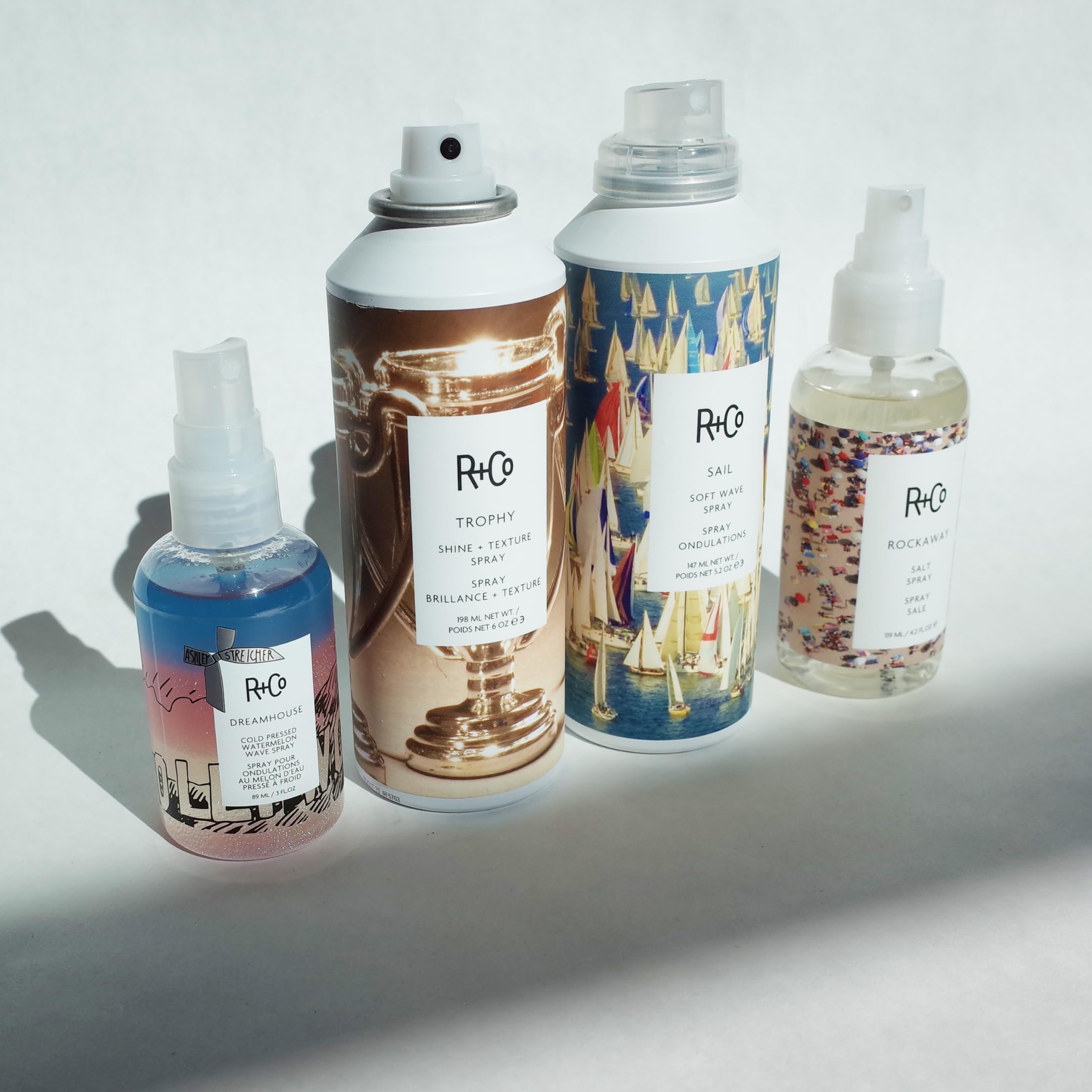 R+Co Trophy Shine + Texture Spray works for all hair types during styling