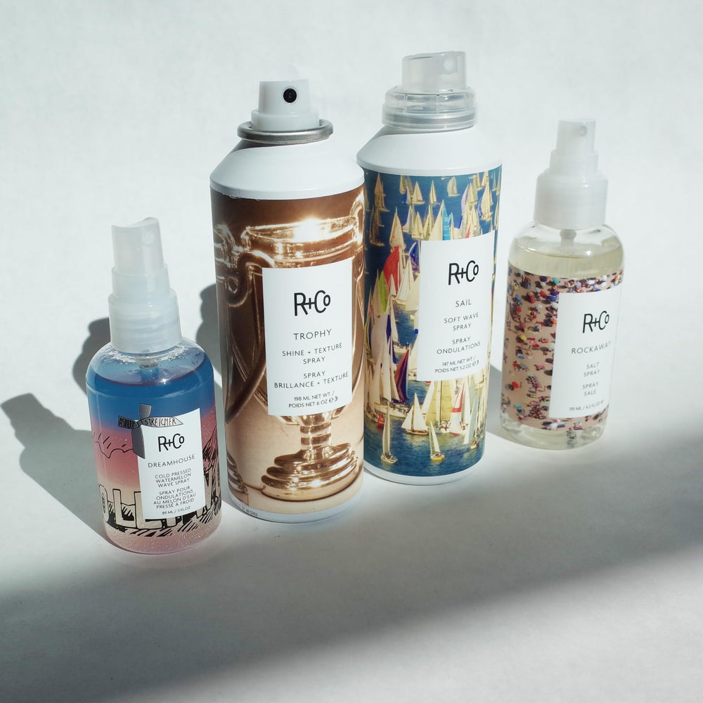 R+Co Trophy Shine + Texture Spray works for all hair types during styling