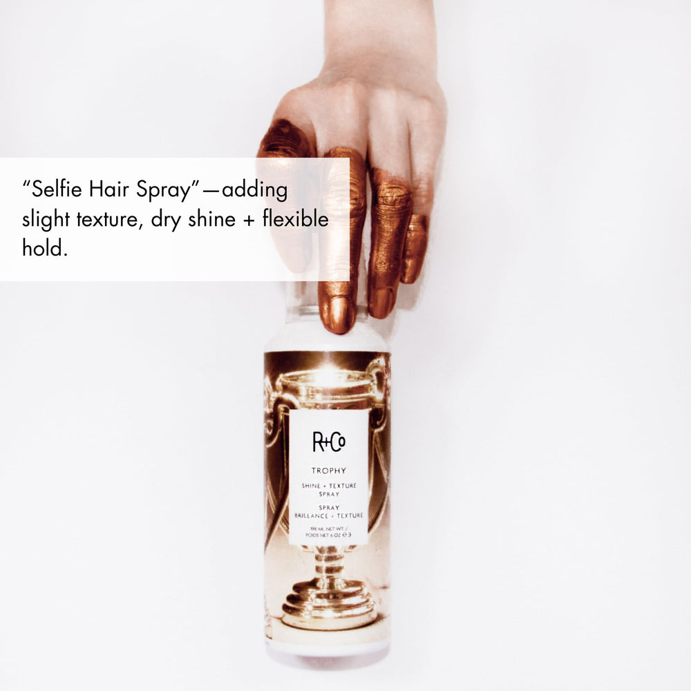 R+Co Trophy Shine + Texture Spray helps remove excess oil and impurities