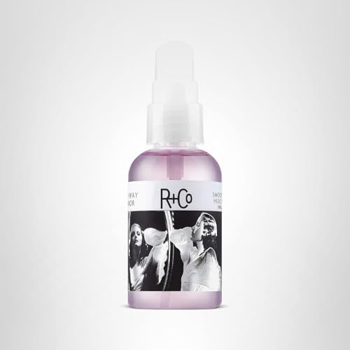 R+Co Two Way Mirror label closeup emphasizes premium smoothing formula
