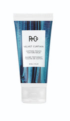 R+Co Velvet Curtain balm jar close-up, soft volume and light hold.